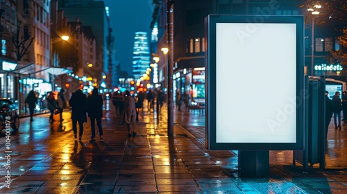 Blank billboard at night in the city with blurred people walking by.