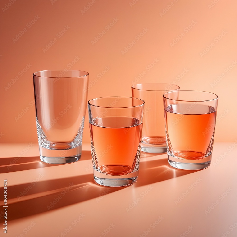 Many empty glasses on a peach background with sharp shadows and sunlight. Peach fuzz in pantone 2024 with a stylish flat lay Many empty glasses on a peach background with sharp shadows and sunlight. Peach fuzz in pantone 2024 with a stylish flat lay