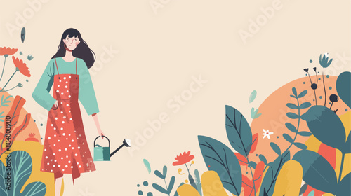 Young woman with watering can on color background Vector