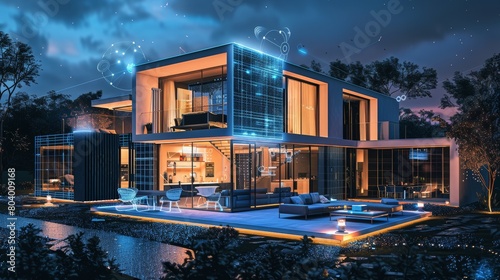 Innovative smart home with integrated virtual reality zones, energy-efficient structures, using futuristic materials, depicted at twilight with interactive lighting © Paul