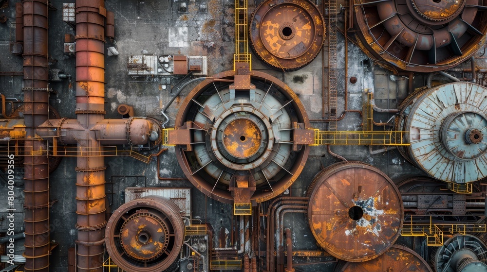 Fototapeta premium Industrial panorama from above, showing the evolution from rusty old turbines to cutting-edge propellers in a dynamic layout