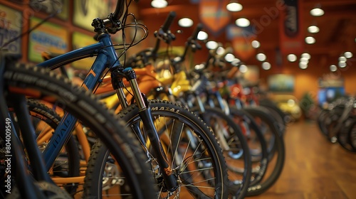 Row of various modern bicycles neatly displayed in a bike shop