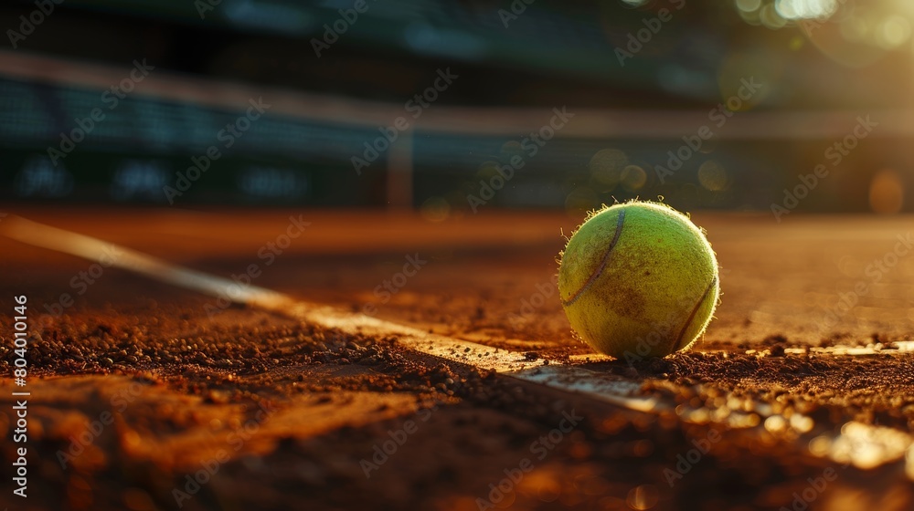 High-detail shot of a clay tennis court with a prominently placed tennis ball, studio lighting emphasizing depth and texture
