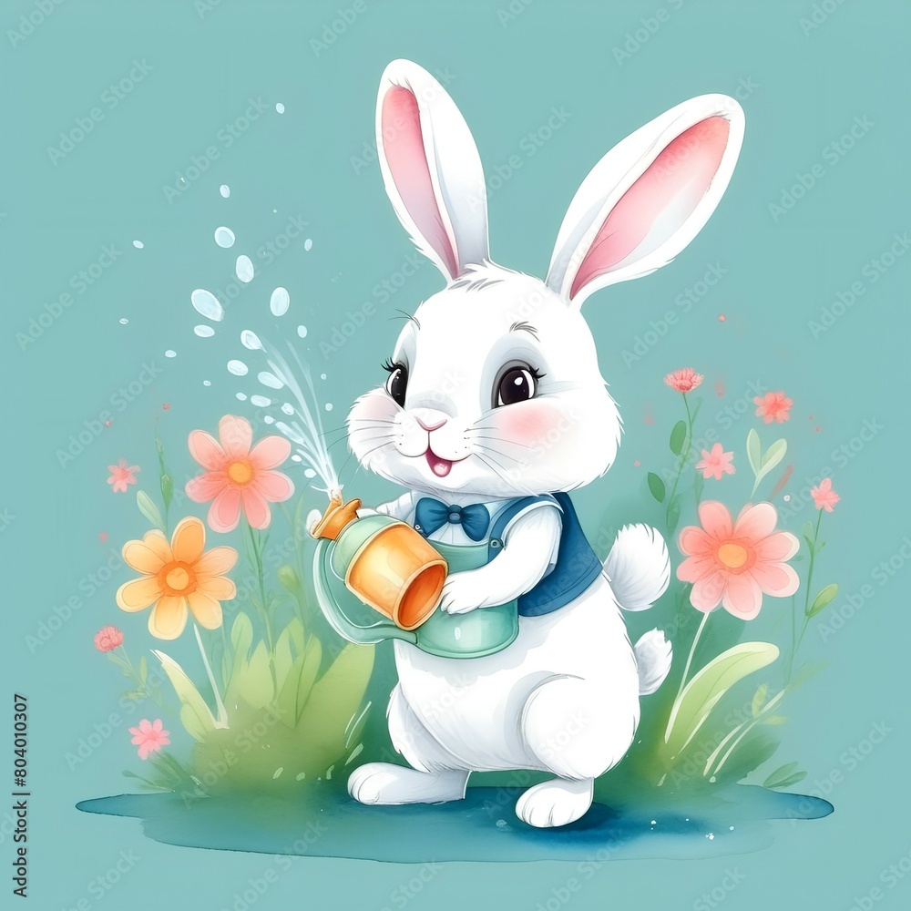 cartoon bunny with butterfly in the grass with white background cartoon bunny with butterfly in the grass with white background