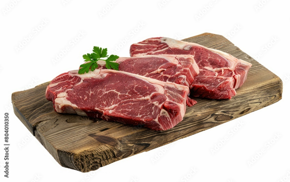 Three juicy raw steaks with a parsley garnish on a wooden board Three juicy raw steaks with a parsley garnish on a wooden board