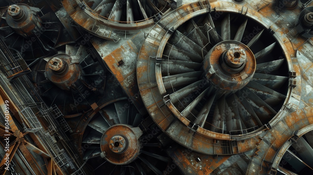High-altitude view of an industrial sector where classic, weathered turbines mingle with contemporary, high-tech propellers High-altitude view of an industrial sector where classic, weathered turbines mingle with contemporary, high-tech propellers