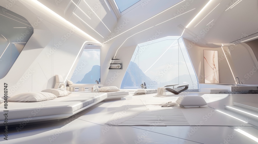 Futuristic housing layout with a focus on simplicity and creativity. The room design features modern geometry and a minimalistic yet sophisticated aesthetic. Futuristic housing layout with a focus on simplicity and creativity. The room design features modern geometry and a minimalistic yet sophisticated aesthetic.
