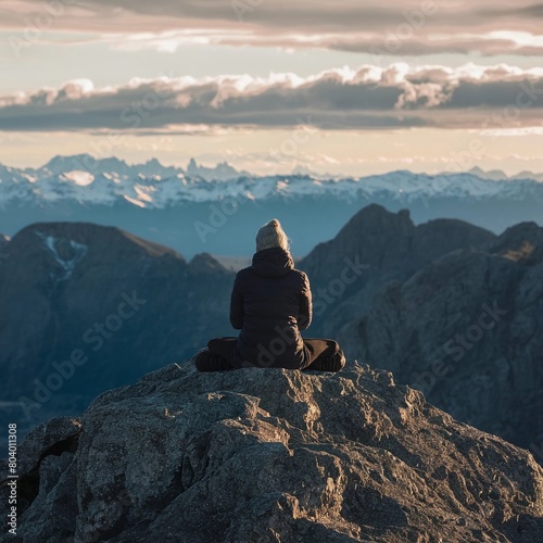 hiker on top of mountain enjoying the view while sitting on the mountin 