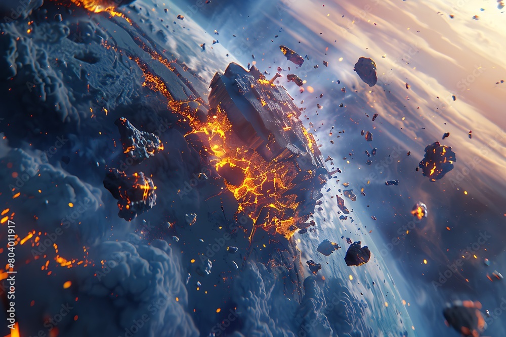 An apocalyptic vision of Earth breaking apart, with continents and cities crumbling into space, surrounded by a cosmic void An apocalyptic vision of Earth breaking apart, with continents and cities crumbling into space, surrounded by a cosmic void