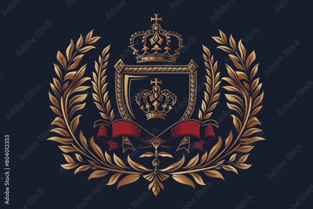 Obraz premium A regal golden crest featuring a crown and ribbon. Perfect for royal and elegant designs