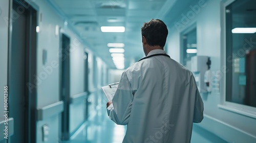 Amidst the hospital's hustle, a doctor remains immersed in their review of patient files in the corridor.