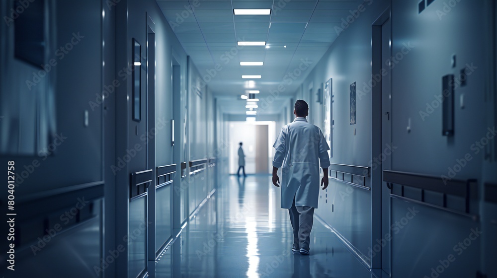 The hospital corridor witnesses a doctor's dedication as they delve into patient records with care.