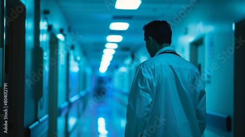The hospital corridor witnesses a doctor's diligence as they study patient information intently. photo