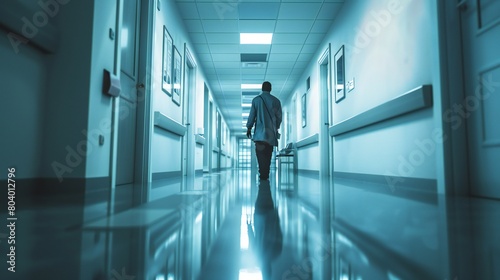 The hospital corridor witnesses a doctor's dedication as they delve into patient records with care.
