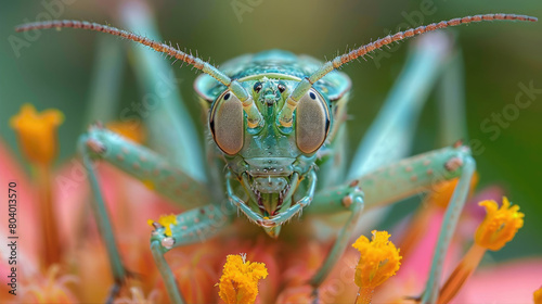 An arthropod, electric blue grasshopper perched on a pink flower © AlexanderD