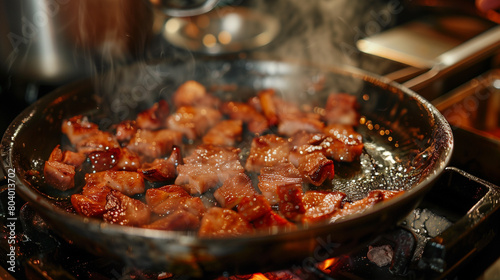 Cooking fried pork in hot pan.