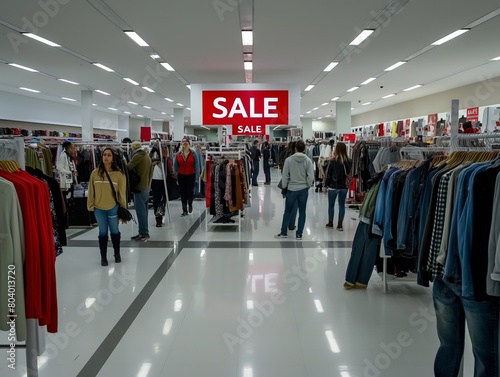 Customers browsing through a variety of clothes on sale in a bright, modern department store.