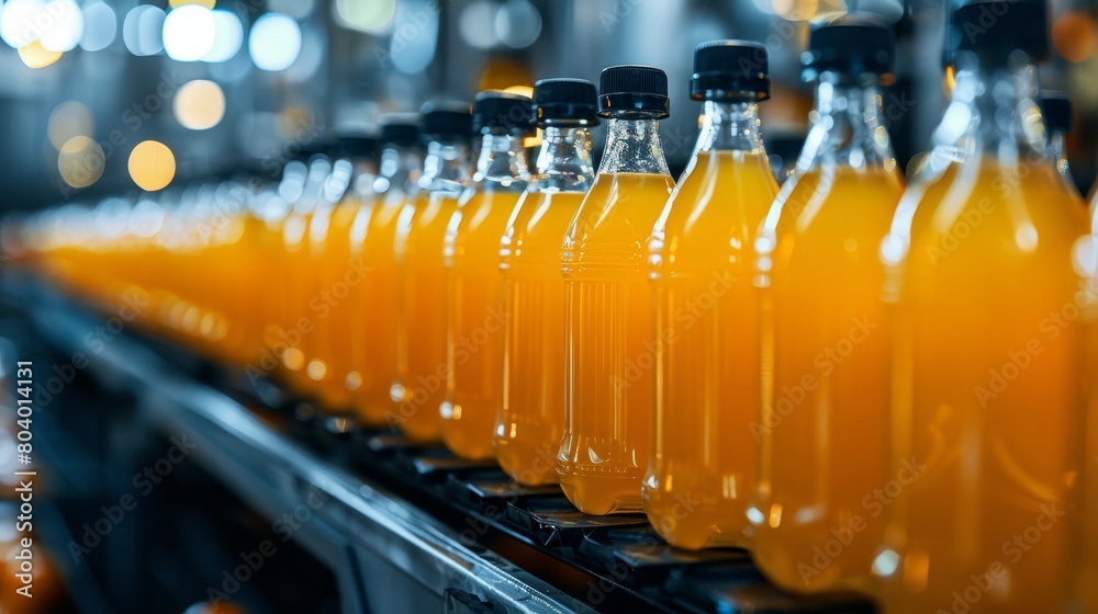 Line of bottling of orange fruit juice bottles on clean light factory Line of bottling of orange fruit juice bottles on clean light factory