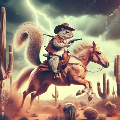 Image of a human-sized squirrel dressed as a cowboy riding a horse.
