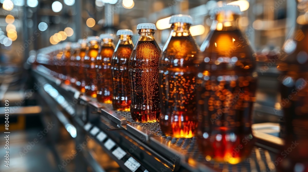 Line of bottling of cola soda bottles on clean light factory Line of bottling of cola soda bottles on clean light factory