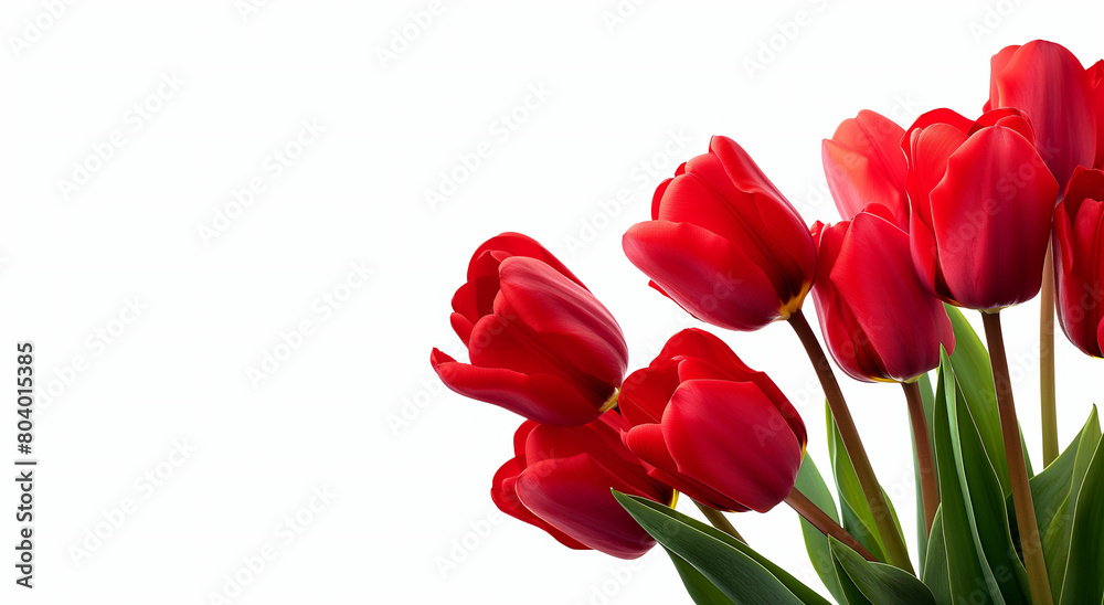 Red tulips bouquet, on white background. Spring and Valentine's Day concept. Banner with copy space. Design for greeting card, invitation, poster. Red tulips bouquet, on white background. Spring and Valentine's Day concept. Banner with copy space. Design for greeting card, invitation, poster.