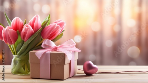 Blumenstrauss aus pinken Tulpen auf Holz Tisch Hintergrund photo