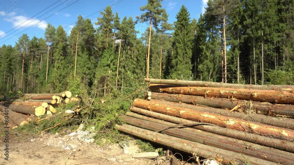 Deforestation in the protection zone of a high-voltage power line. Trunks of cut trees lie in stacks along the route of the electric line. The camera is motionless. The video is ideal for content abou Deforestation in the protection zone of a high-voltage power line. Trunks of cut trees lie in stacks along the route of the electric line. The camera is motionless. The video is ideal for content abou