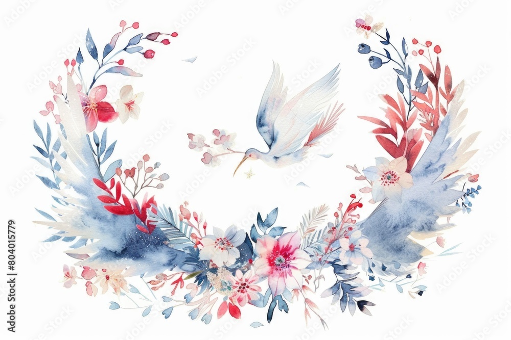 Beautiful watercolor painting of a wreath made of colorful flowers and birds. Perfect for various design projects