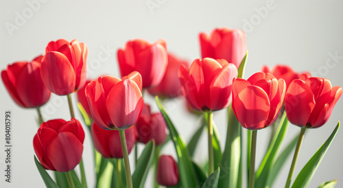 Red tulips  on white background. Spring and Valentine s Day concept.  Banner with copy space.  Design for greeting card  invitation  poster.