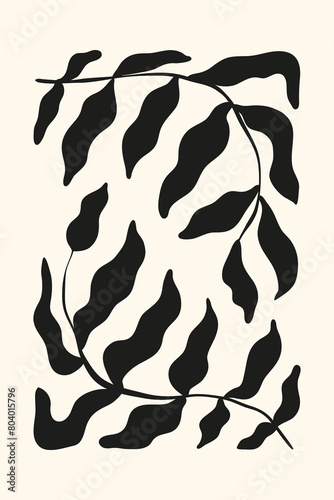 Trendy minimalists poster with two black wriggling branches in Matisse style. Abstract floral template for interior decoration, banner, cover, print, postcard. photo