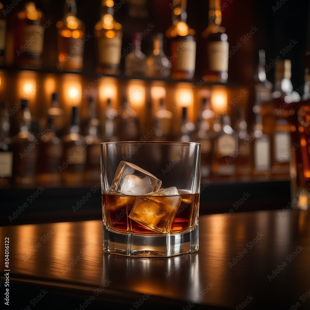 Glass of whiskey with ice on black background with reflection. Close up view. Selective focus on ice