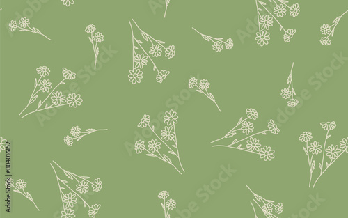 Daisies isolated on a green background. Chamomile flower. White beige contour drawing, hand drawn. Seamless pattern. Background for cover, textile, dishes, interior decor.