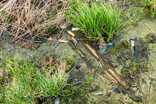 Polluted pond water with scattered litter among green grass and dead reeds, including bottles, plastic, and miscellaneous debris