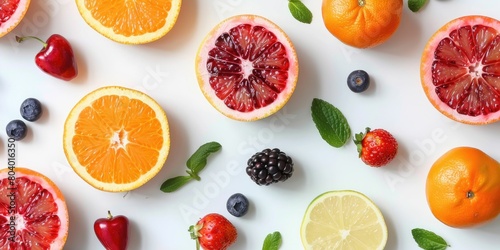 A colorful assortment of fresh juicy fruits and berries on a white background