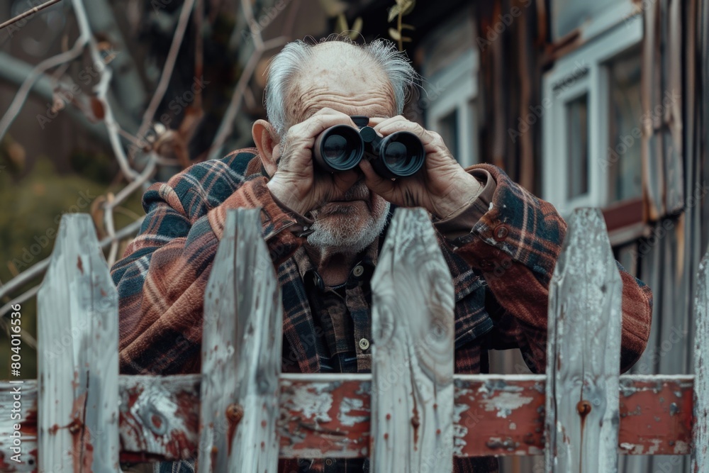 A man looking through a pair of binoculars. Suitable for business and exploration concepts