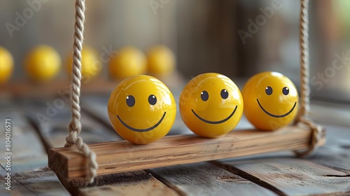 A Newtons Cradle set with yellow balls a happy smiley face photo