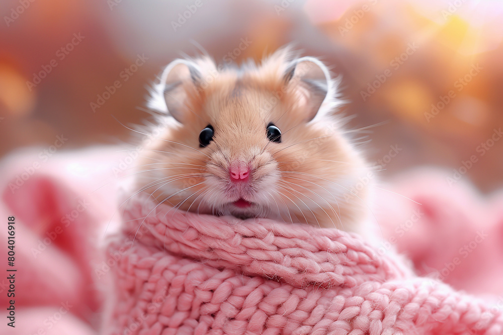 Funny hamster sitting in pink blanket on blurred background. Funny hamster sitting in pink blanket on blurred background.