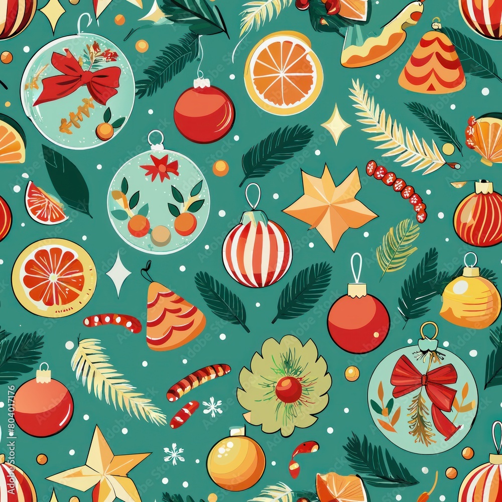 Seamless pattern of festive holiday decorations like ornaments and wreaths, Generative AI Seamless pattern of festive holiday decorations like ornaments and wreaths, Generative AI