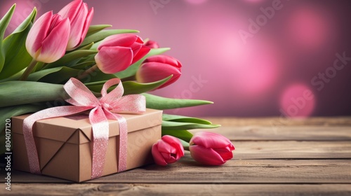 Blumenstrauss aus pinken Tulpen auf Holz Tisch Hintergrund © May