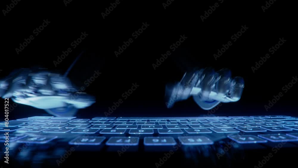 Looping Animation of Humanoid Robot Swiftly Programming on Glass Keyboard Close-up of Hands of Robot Typing on Futuristic Touch Keyboard. Concept: Artificial Intelligence Assistant Writing Text