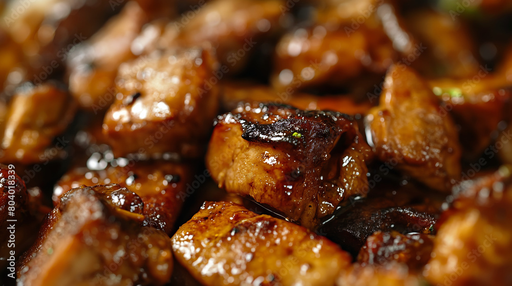 Close-up view of juicy, caramelized pork bites glistening with savory sauce, garnished with herbs Close-up view of juicy, caramelized pork bites glistening with savory sauce, garnished with herbs