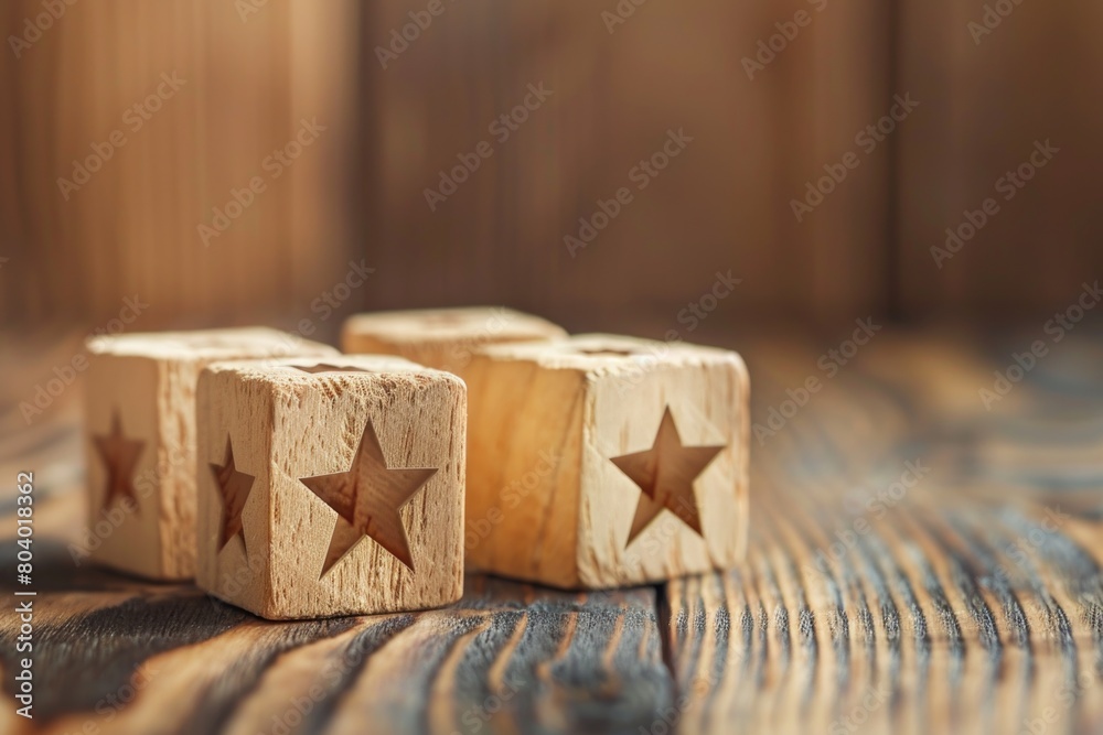 Three wooden blocks with stars on a table. Perfect for educational or holiday themed designs Three wooden blocks with stars on a table. Perfect for educational or holiday themed designs