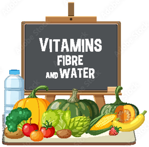 Illustration of fruits, vegetables, and water on a table.