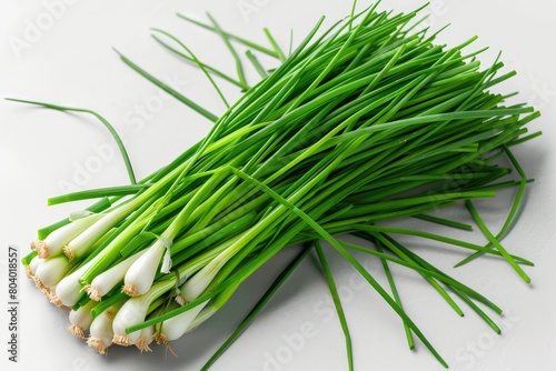 Chinese chives vegetable isolated on a white backdrop in front view. Generative Ai