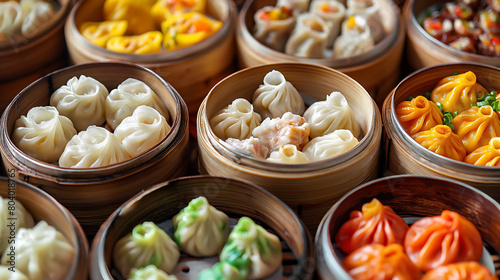 Colorful variety of Chinese steamed dumplings, called dim sum, in bamboo steamers displayed in rows