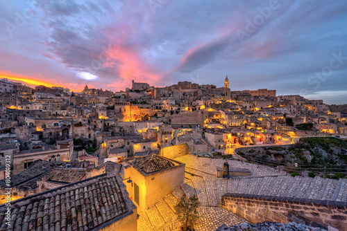 The historic old town of Matera in southern Italy after sunset photo
