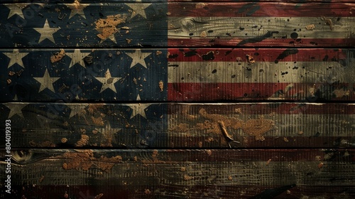 Detailed close-up shot of the American flag on a rustic wooden background, portraying a strong sense of patriotism and reverence for the nation photo