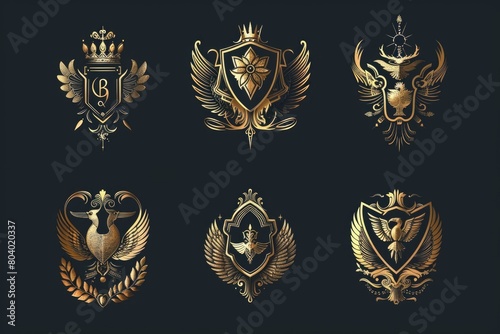 A set of gold emblems on a black background. Perfect for luxury and elegant designs