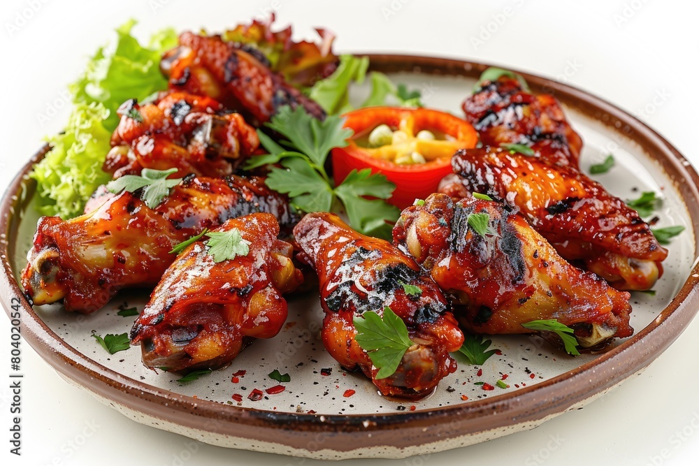 Fast food image of grilled wings on a dish on an isolated white backdrop. Generative Ai