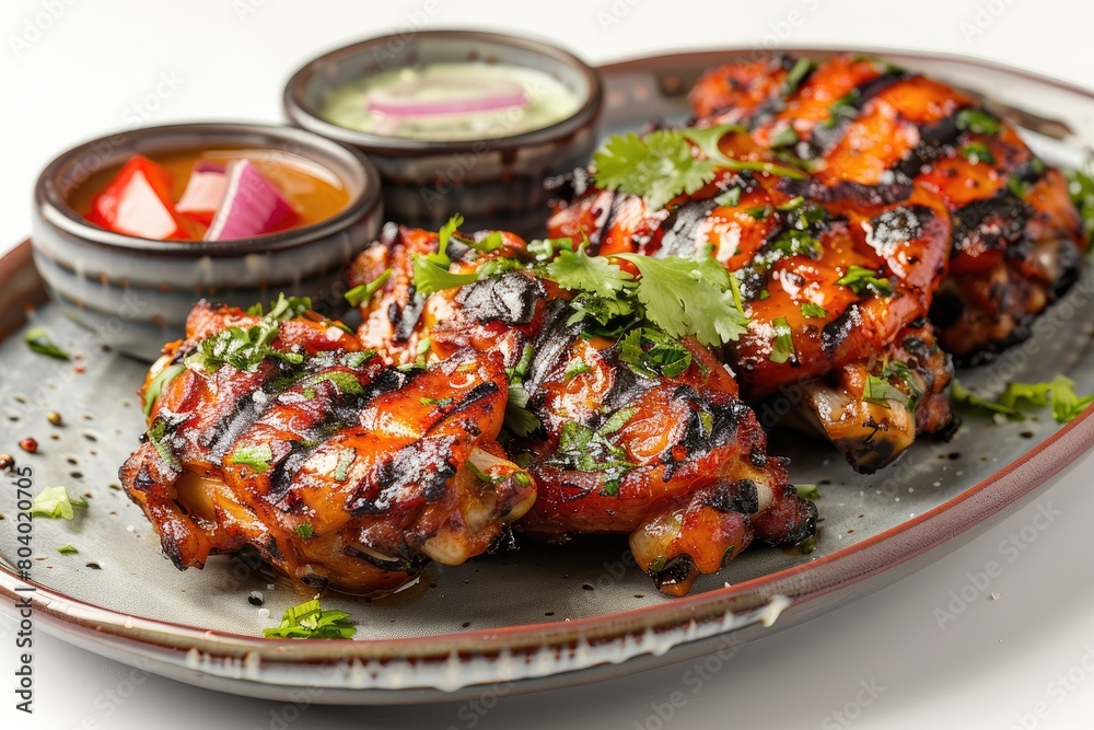 Fast food image of grilled wings on a dish on an isolated white backdrop. Generative Ai